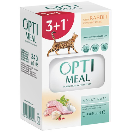 OPTIMEAL nyúl fehér szószban, szaftos eledel felnőtt macskáknak 3+1