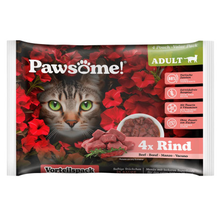 Pawsome!® marhás flowpack (4x85g) felnőtt macskáknak