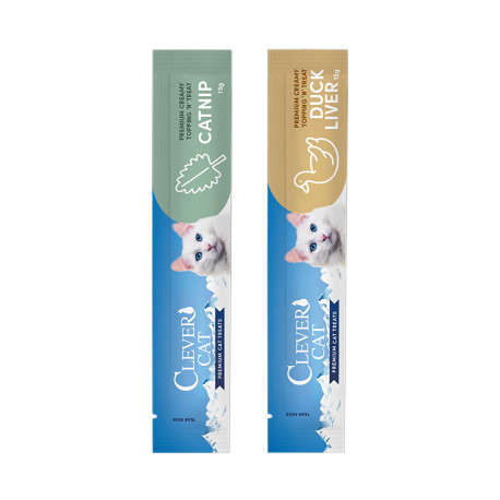 Clever Cat Creamy Catnip/Duck&Liver - krémes jutalomfalat cicáknak 2 ízes mix, 6 × 15 g