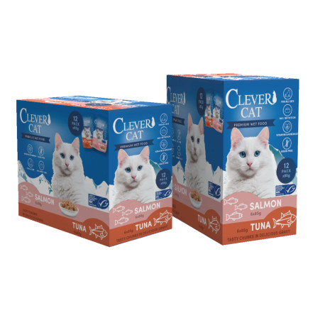 Clever Cat Premium Wet Food Tuna & Salmon – tonhalas és lazacos falatok szószban 85 g (2x6)