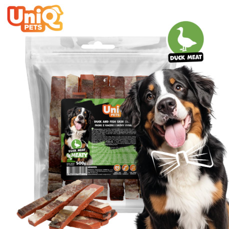 UNIQ PETS MEATY kacsahúsos és halbőrös jutalomfalat csíkok kutyáknak, 500 g