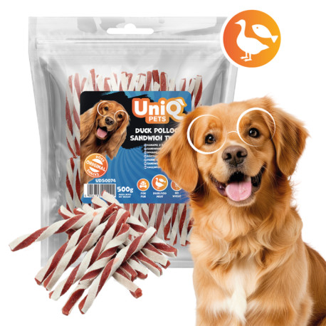 UNIQ PETS puha, szendvics jellegű kacsahúsos jutalomfalat csíkok 500 g