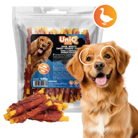 UNIQ PETS kacsahússal tekert édesburgonya rudak kutyáknak, 500 g