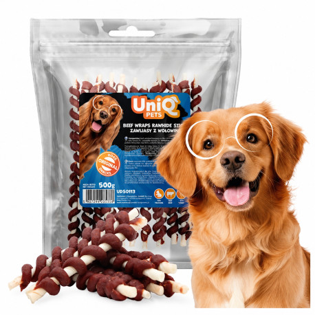 UNIQ PETS RAWHIDE marhahússal tekert marhabőr rágórudak 500 g