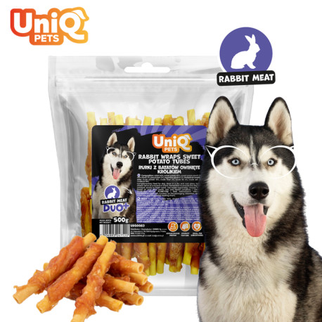 UNIQ PETS Nyúlhússal tekert édesburgonya rudak kutyáknak – 500 g