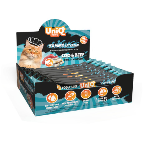 UNIQ PETS PurrCream krémes, tőkehal- és marhahús ízesítésű jutalomfalat macskáknak 15 g